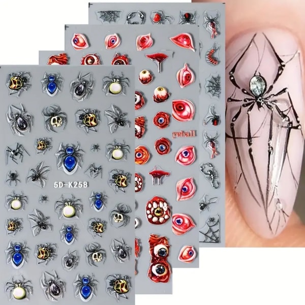 Halloween Nail Art Stickers Dekaler för Halloween Nageltillbehör 5D Relief Gothic Nail Art Dekal med Evil Eyes Spider4 Sheets (Skräck)