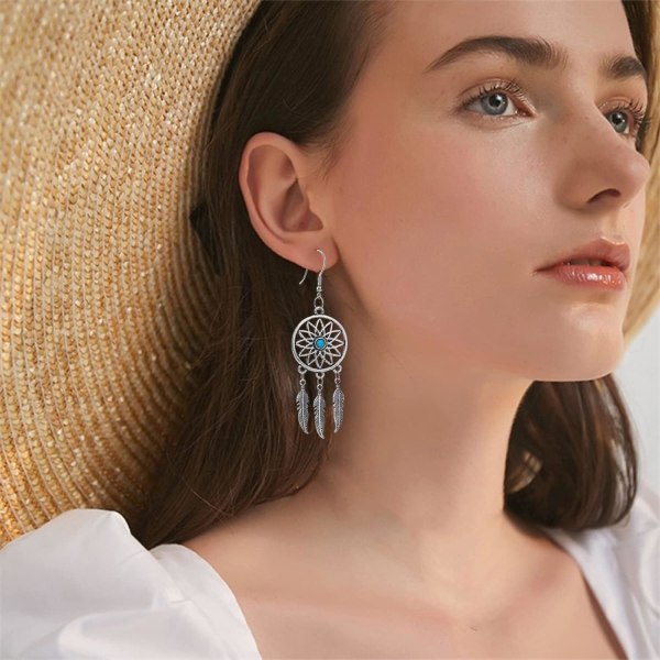 Kvinne Retro Sølv BOHO Stil Metall Dangle Drop Øredobber Drømmefanger Statement Fjær Dangle Dusker Turkis Øredobber for Kvinner Jenter