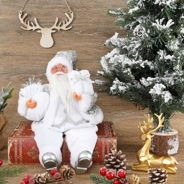 Christmas Sitter Santa Handgjorda vit silverrock Santa Claus Figurines Docka med presentpåse och presenter jul