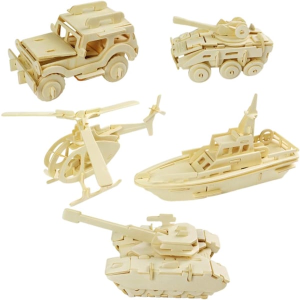 3D Träpussel Sticksågsleksaker Tank Helikopter Battlefield Pansarfordon Patrullbåt Rolig manuell monteringsmodell Pedagogiska leksaker för barn 5st