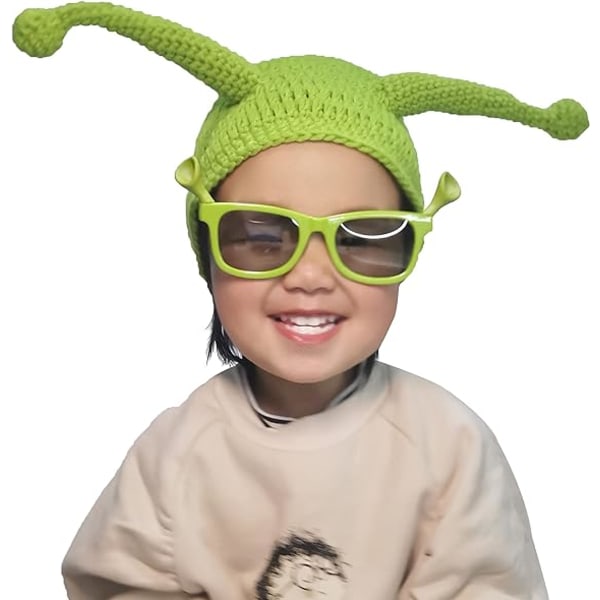 Heltäckande grön hatt, Shrek-hattar med söta öron, stickad hatt med mask, rolig Halloween-cosplay-rekvisita