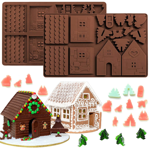 Christams Gingerbread House bageplade, silikoneforme til desserter, chokolade, slik, småkager (2 stykker)