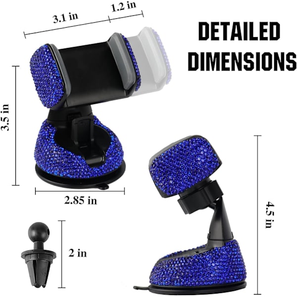 Universell Bling Mobiltelefonhållare, 360° Justerbart Biltelefonfäste med En Extra Luftventilsbas, Kristall Bilinredning Dekoration (Djupblå)