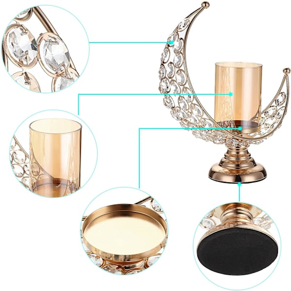 Måneformad kristallpelare ljusstake Tealight hållare med glaslock, metall kristall måne pelare ljusstativ Votive(Guld)