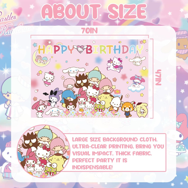 Kitty bursdag dekorasjoner bakteppe Kawaii festutstyr Happy Birthday Banner, 70-47 tommer vegg - Store dekorasjoner Kitty bursdag