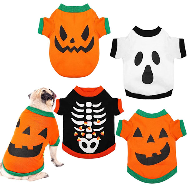 4 stk. Halloween hundetrøje Halloween hundetøj græskar spøgelser skeletter kæledyr kostume trykt sjovt skræmmende hundetøj (medium størrelse)