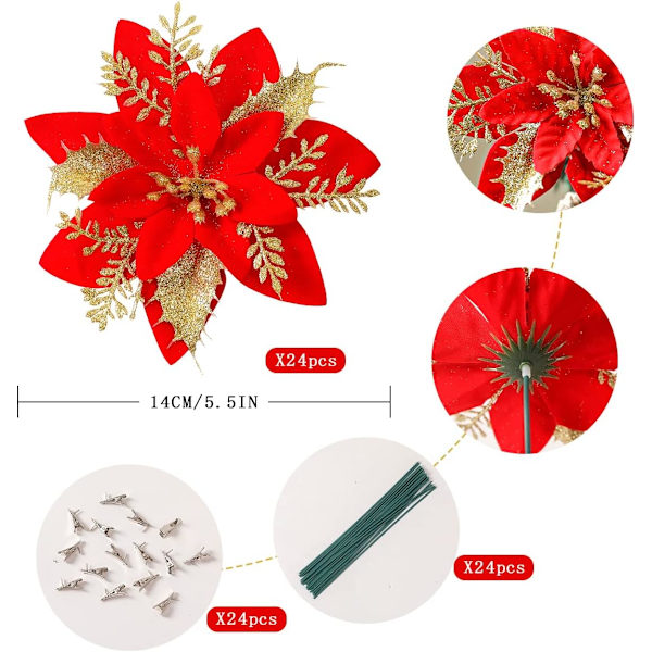 Heyone 24 kpl tekokukat joulukoristeet poinsettiat klipseillä ja varsilla 5,5\"/14CM kimalteleva koriste jouluun (punainen ja kultainen)