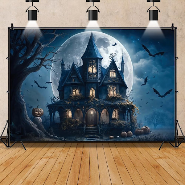 Halloween-teeman tausta Kauhu Hautakivi Lepakko Valokuvaustausta Pelottava Kuolleet Oksat Yöllä Sumuisessa Linna vauvalle ja aikuisille 7x5ft