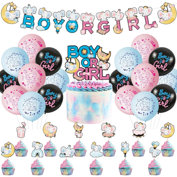 Baby Gender Reveal Party Supplies, Blå och Rosa Baby Shower Inredning inklusive Pojke eller Flicka Elefant Banner Cake Topper
