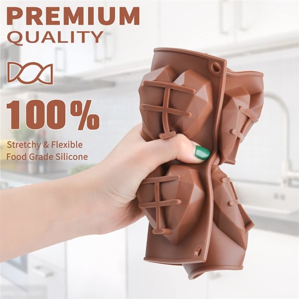 2 stk. Diamant Hjerte Silikonform, Chokoladeform 15 Hulrum 3D Hjerte Kærlighedsformet Silikonform Bakke, til Varm Chokolade(Brun)