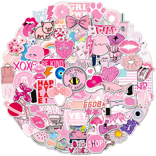 100 ST Preppy klistermärken Rosa klistermärkespaket, estetiska klistermärken vattenflaska, leendeklistermärken, vinylvattentäta klistermärken, dekaler