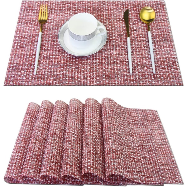 Tyylikäs set 6 sekoitettua kudottua lämmönkestävää tablettia Pestävät, helposti puhdistettavat pöytämatot ruokasaliin ja koristeluun (värikäs viininpunainen)