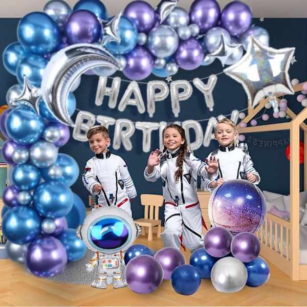 109PCS Ulkoavaruus Syntymäpäiväjuhlan Koriste Metalli Ilmapallo Garland Arch Kit Onnellinen Syntymäpäivä Galaxy Raketti Astronautti Kuu Tähtifolio Ilmapallot