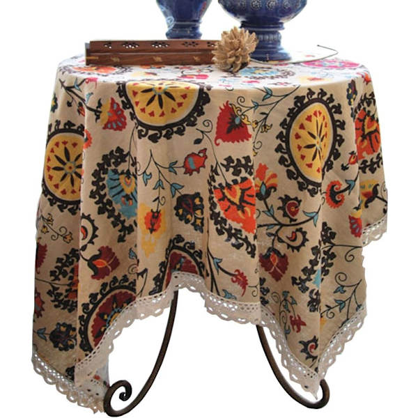 Modern Bohemian Blommig Jacquard Tvättbar Duk med Spets för Matbord, 137,16 x 137,16 cm