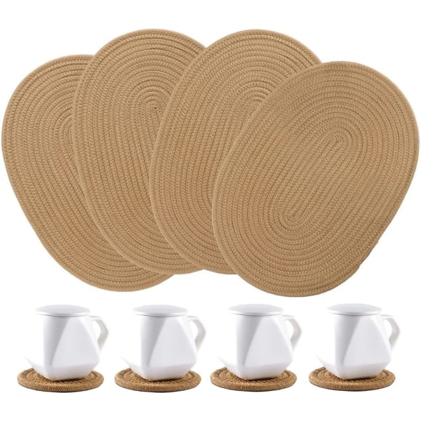 4-pack ovala jutevävda bordstabletter och set med 4 runda tygunderlägg, bomullsflätade set, 12 * 16'' tvättbara bordstabletter