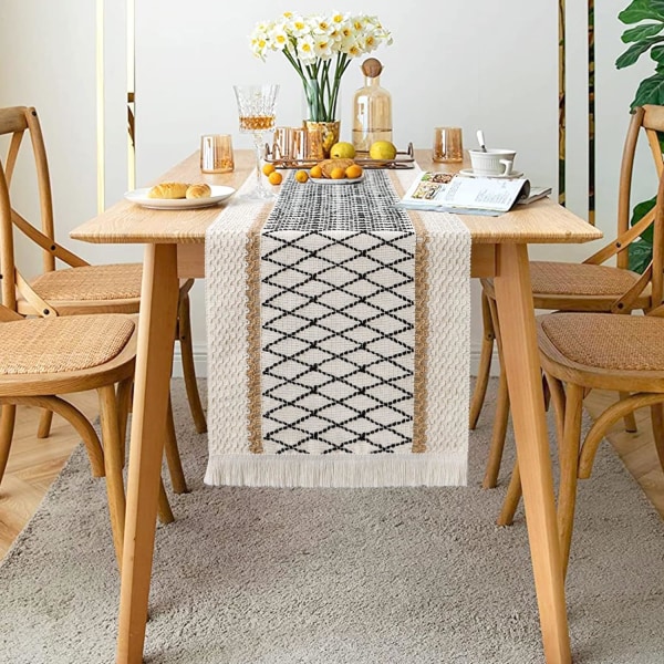 Rustik makramé bordløber med pomponer, håndvævet, bomuld og burlap, til køkkenbord, spisestue