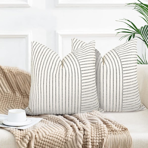 Tyynynpäälliset 18x18, Moderni Accent Neliömäiset Tyynynpäälliset 2 kpl, Musta ja Beige Raidalliset Patchwork Pellava Koristetyynyt