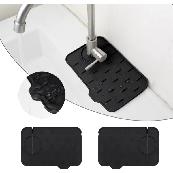2-delt silikonevaskemåtte, minivask-stænk til beskyttelse af køkkenbordplade Selvdrænende design (sort + sort, 8,3 tommer x 5,7 tommer)