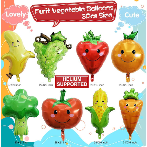 8 stk. Gaint Furit Vegetable Foil Balloner Søde Helium Mylar Jordbær Drue Banan Appelsin Majs Gulerod Tomat Broccoli