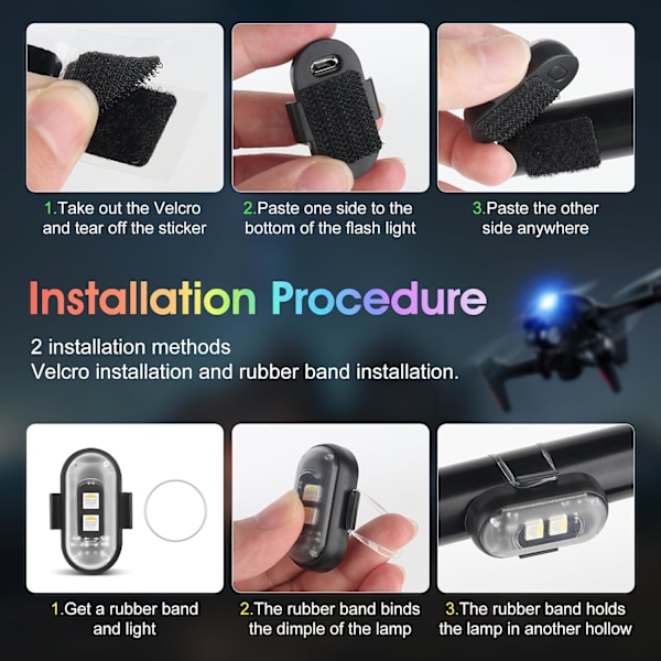 4 stk. trådløse LED-lys, 8 fargede strobe drone-lys, fjernkontrollblits med fjernkontroll, USB-lading antikollisjonslys
