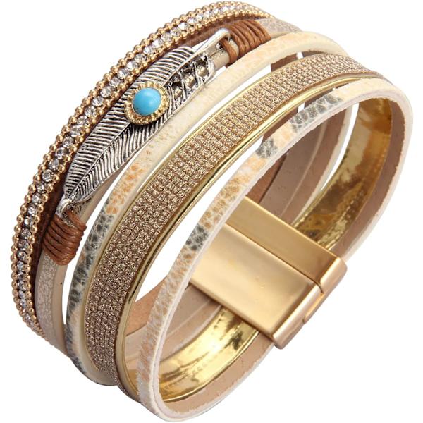Heyone Dame Læder Manchet Armbånd Fjer Multi Strand Armbånd Wrap Armbånd Turkis Boho Armring Flettet Læder