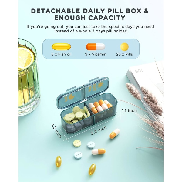 AM/PM Pill Organizer 7 Day, Pill Box 2 Times A Day - Pill Organizer varje vecka två gånger om dagen med stort fack, blå