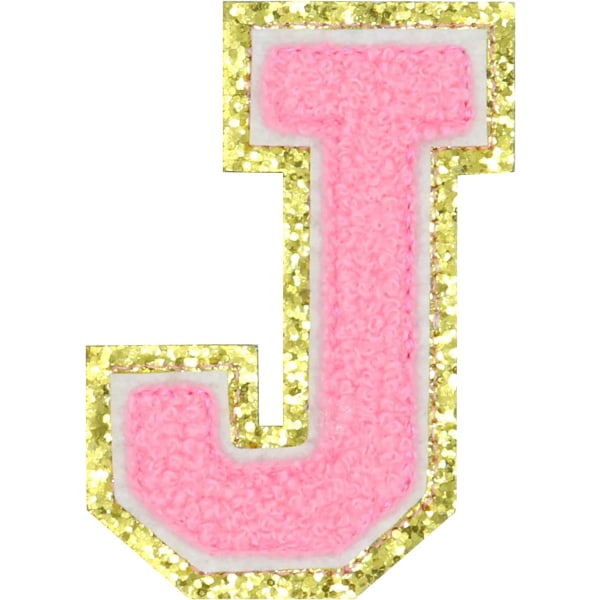 Engelska bokstaven J Stryk på reparationslappar Alfabetsömnad Applikationer Klädmärken, med guldglitterkant, självhäftande bakdekal (Rosa J) JPink