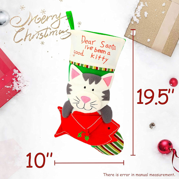 20'' Julekattestrømpe 3D Stor Kæledyrsholder Kitty Ornament Gaveposer til Kæledyr Ornament Killingedekoration Feriefest Tilbehør, Grøn