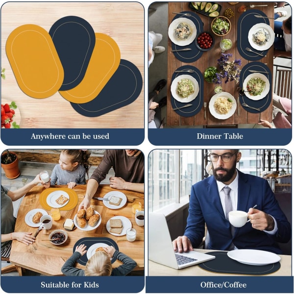 Faux läder placemats set om 4 - Dubbelsidig färg oval design matbord mattor vattentät värmebeständig inomhus utomhus heminredning