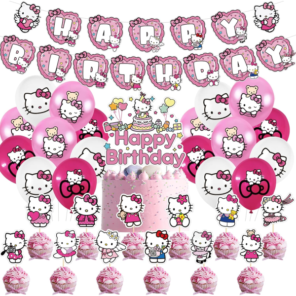 Kawaii Cartoon -juhlakoristeet tarvikkeita söpöjä kissateemaisia ​​Happy Birthday -ilmapalloja lapsille ja lippuilmapallo (SR-Kitty A)