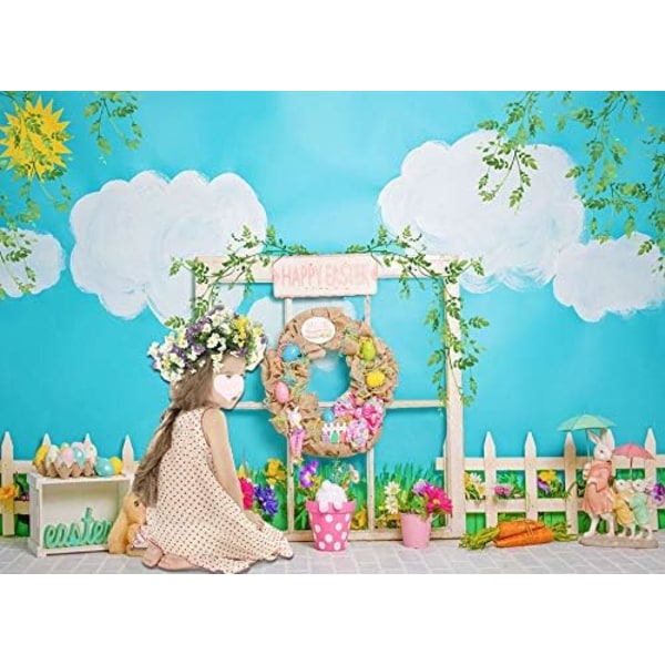 Vår påske bakgrunner for fotografering Kanin akvarell blå himmel vegg blomst gress bakgrunn 5x3ft Vinyl Baby Shower rekvisitter