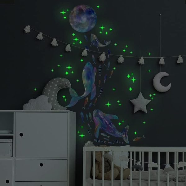 Färgglada Whale Stars självlysande väggdekaler Glow in The Dark Earth Sticker för barnrum Väggdekor Glödande stjärnväggmålningar Dekal Modemore Green Life