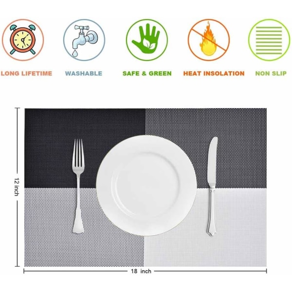 Placemats Set of 4, Heat-Resistant Woven Vinyl Placemat, Non-Slip Washable PVC Table Mat, Easy to Clean Premium Plastic Table  (Black+White)