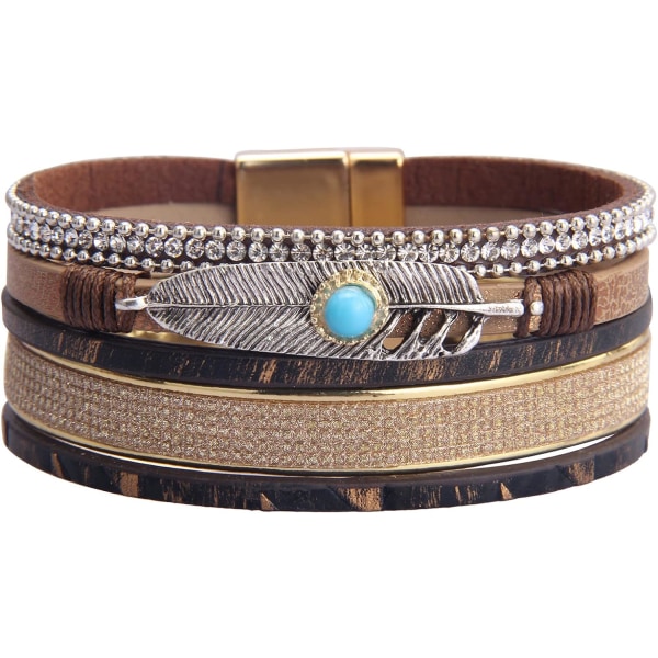 Heyone Dam Läder Manschett Armband Fjäder Multi Strand Armband Wrap Armband Turkos Boho Armband Flätad Läder
