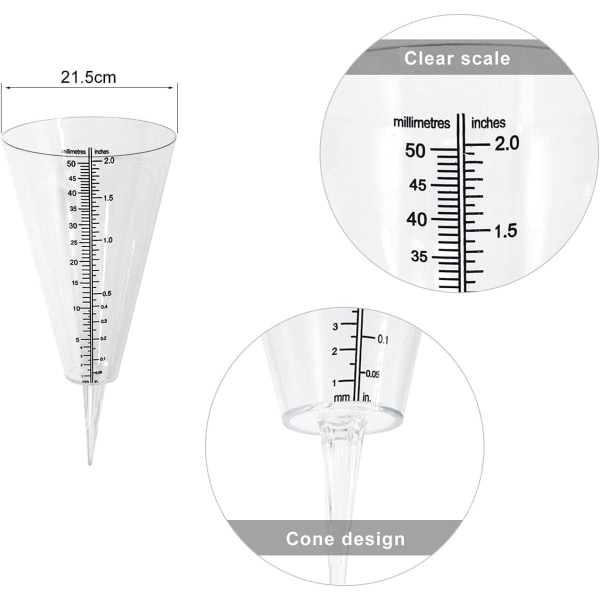 Regnmåler, udendørs regnmåler, 2 gennemsigtige kegleformede regnmålere med dobbeltskala til overvågning af regn i haven, udendørs