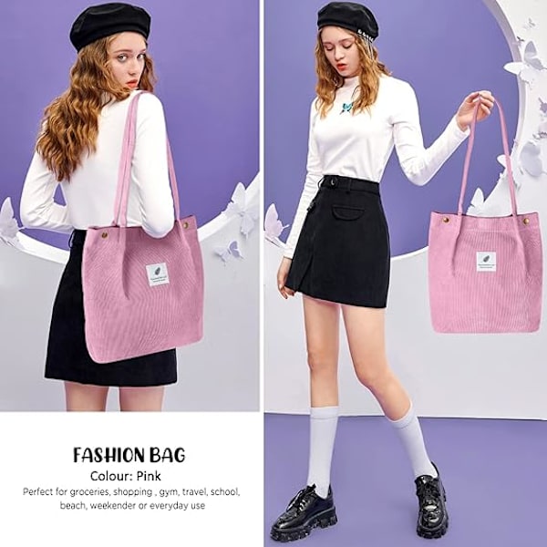 Cordfløyel Tote Bag for kvinner Canvas Skulder Cord Veske med Innerlomme