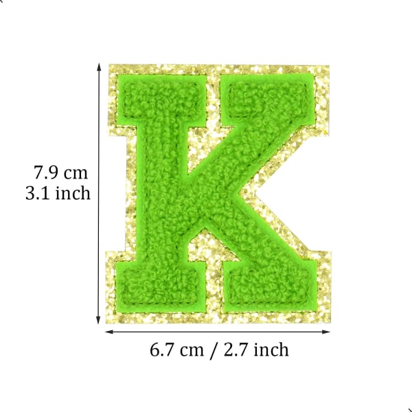 Engelska bokstaven K Stryk på reparationslappar Alfabetsömnad Applikationer Klädmärken, med guldglitterkant, självhäftande bakdekal（Grön K）KGrön