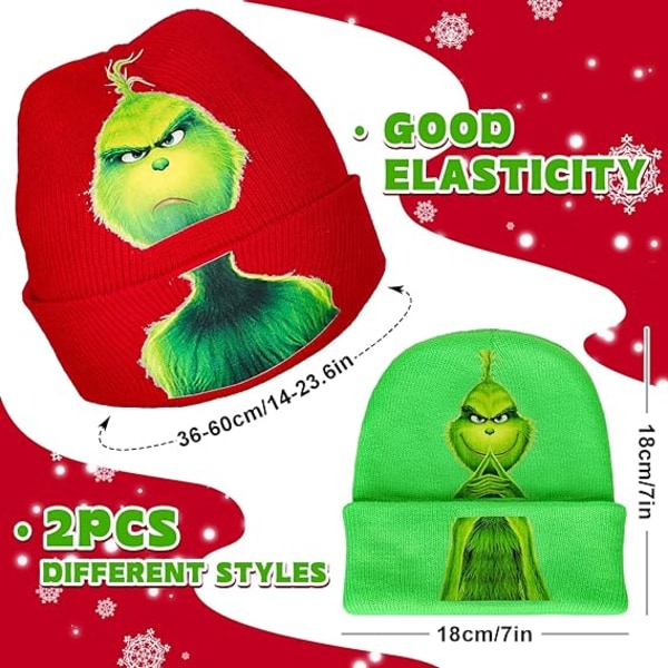 2 Pack Christmas Hat Red Green Cartoon Character Knitted Hat Thick Elastic Holiday Costume Hat Winter Head Wear for Kids Adults