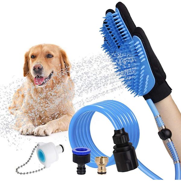 Pet badeværktøj hund bademassage handske, kæledyrshår fjerner til hundebad, med 3 adaptere, udendørs have.