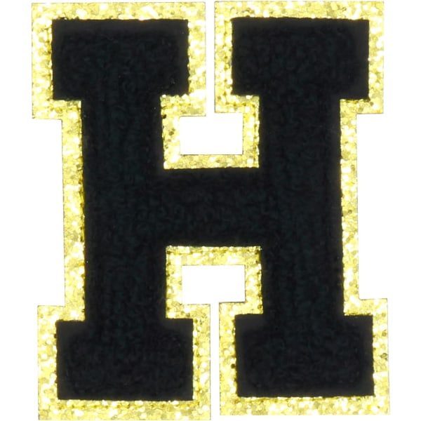 Engelska bokstaven H Stryk på reparationslappar Alfabetsömnad Applikationer Klädmärken, med guldglitterkant, självhäftande bakdekal（Svart H）HBlack