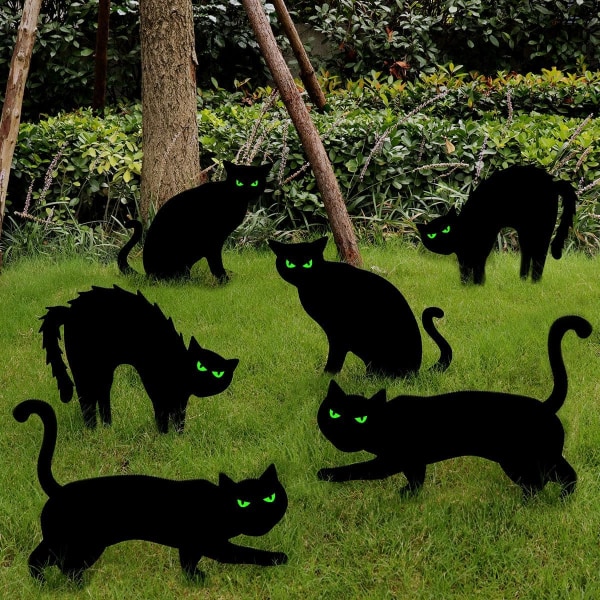 Halloween-dekorationer utomhus, 6 karat svart kattdekor trädgårdsskyltar med stakar, skrämmande siluett med glöd i mörka ögon