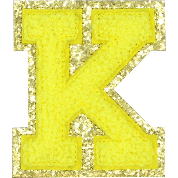 Engelska bokstaven K Stryk på reparationslappar Alfabetsömnad Applikationer Klädmärken, med guldglitterkant, självhäftande bakdekal (Gul K) KYellow