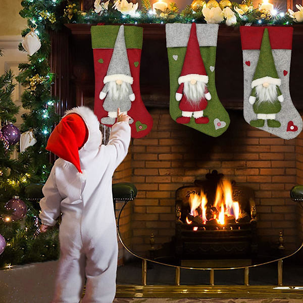 Jule Tomte Nisser Strømper - 3 Typer Svenske Julemand Strømper til Familie, Børn, Juletræspynt (3 Pakke, Rød, Grøn, Grå