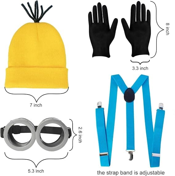 4-delt Halloween-kostume til voksne, gul hat/briller/handsker/seler