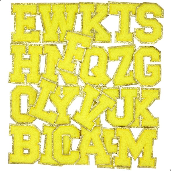 Englanninkielinen kirjain X silitettävä korjausmerkki Aakkoset ompelu applikaatiot vaatemerkit, kultaisella kimaltelevalla reunuksella, liima takatarra (keltainen X) x keltainen