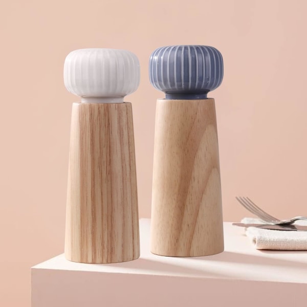 Salt- og pepperkvern i tre og keramikk - Pepperkvern krydderkvern med justerbar kvern, 17,5 cm