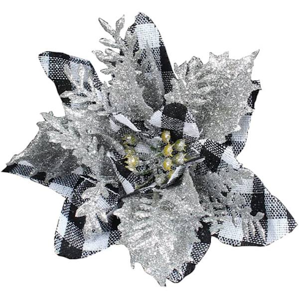 20 stk 4,7\" kunstige blomster Farmhouse sort og hvit rutete kunstige blomster julepynt glitter kunstig julestjerne - sort hvit
