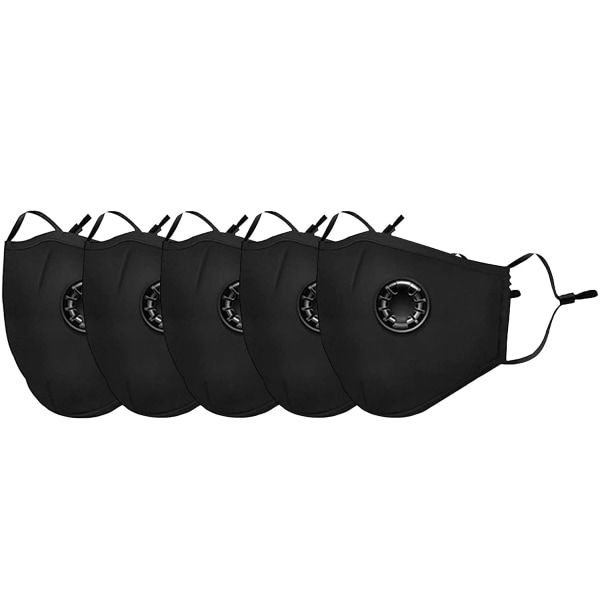 Unisex bomuldsmaske, åndbar, genanvendelig og vaskbar, med automatisk åndingsventil og PM 2.5-filter, sort