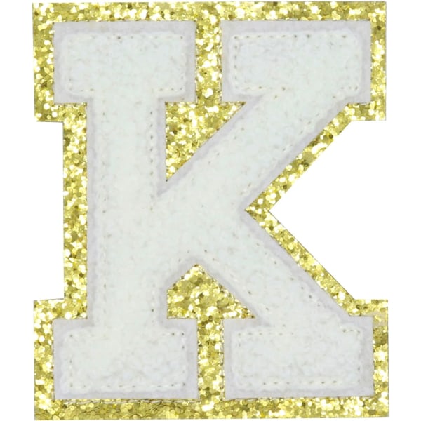 Engelsk bogstav K Stryg på reparationslapper Alfabetsyning Applikationer Tøjmærker, med guldglitterkant, selvklæbende bagklistermærke（Hvid K）KWhite