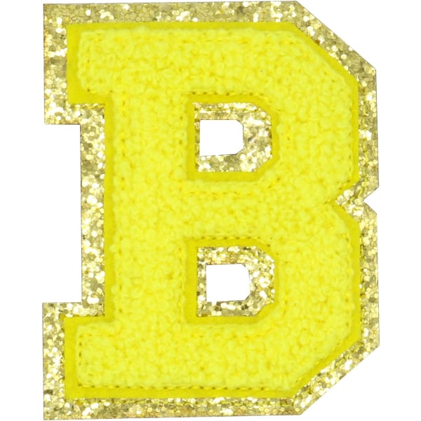 Engelska bokstaven B Stryk på reparationslappar Alfabetsömnad Applikationer Klädmärken, med guldglitterkant, självhäftande bakdekal（Gul B）BYGul